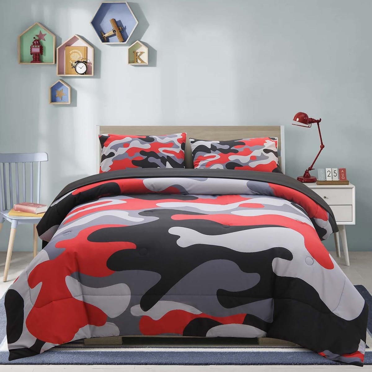 Holawakaka Full Size Camo Bedding Comforter Set With Sheets,Boys Girls Men Camouflage Bed In A Bag 5 Pieces,Kids Teens Dorm Bed